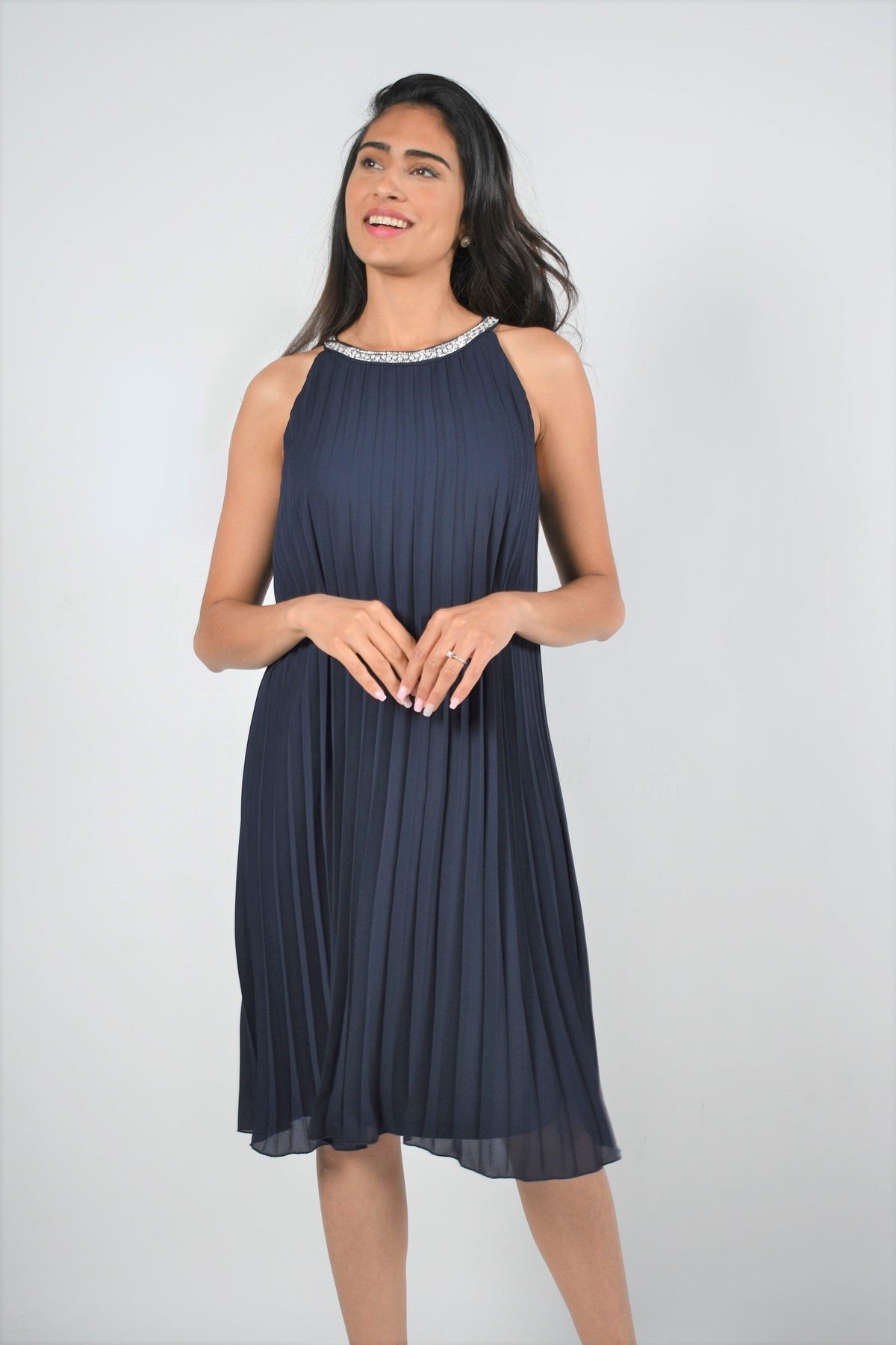 Jewel Neck Accordion Pleat Dress