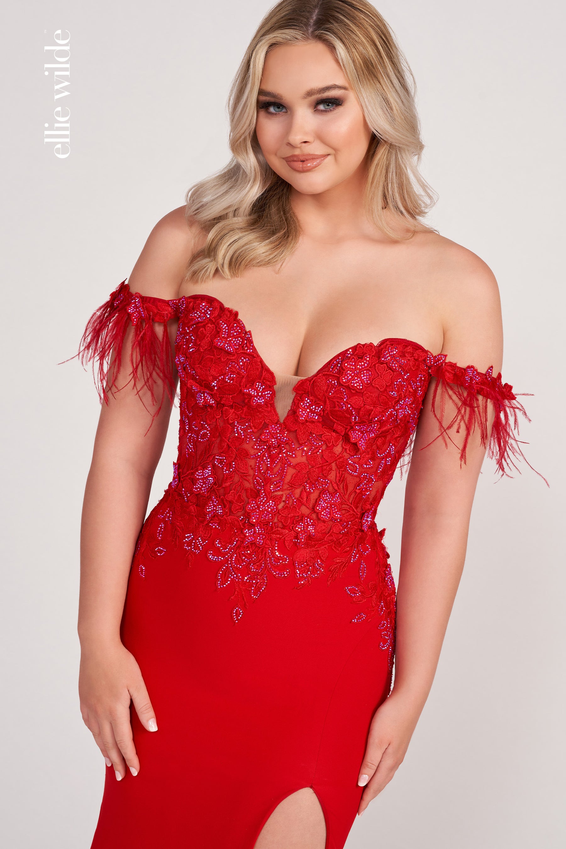Lace Applique Off Shoulder Gown With Feathers
