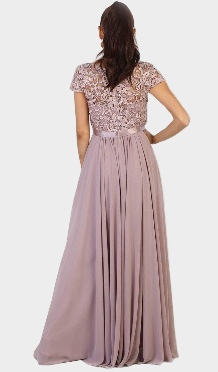 Lace Bodice Cap Sleeve Long Dress