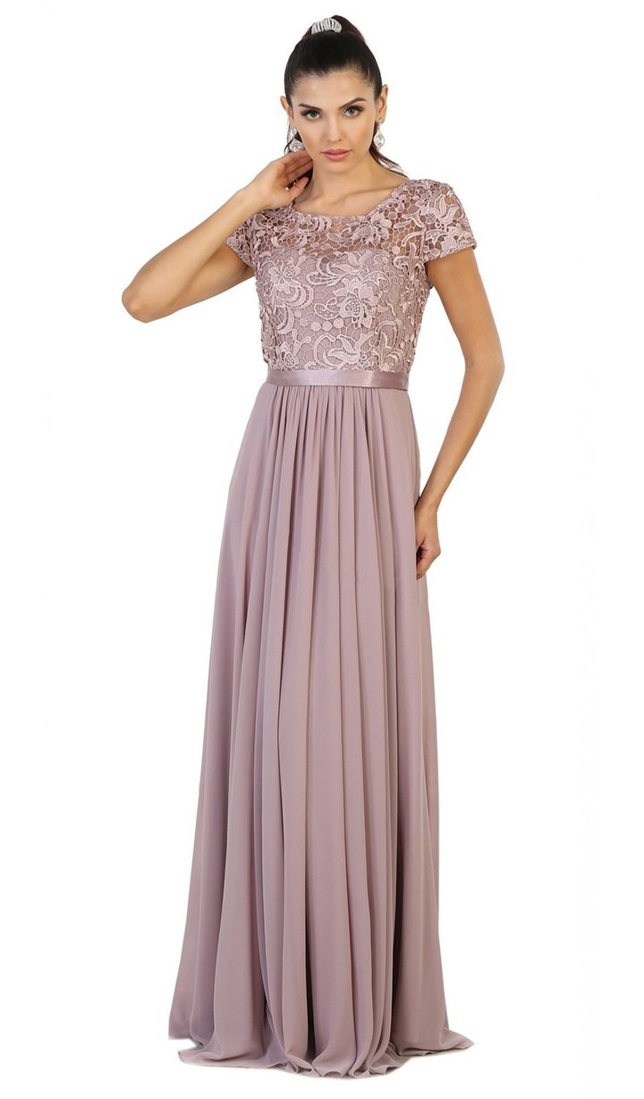Lace Bodice Cap Sleeve Long Dress