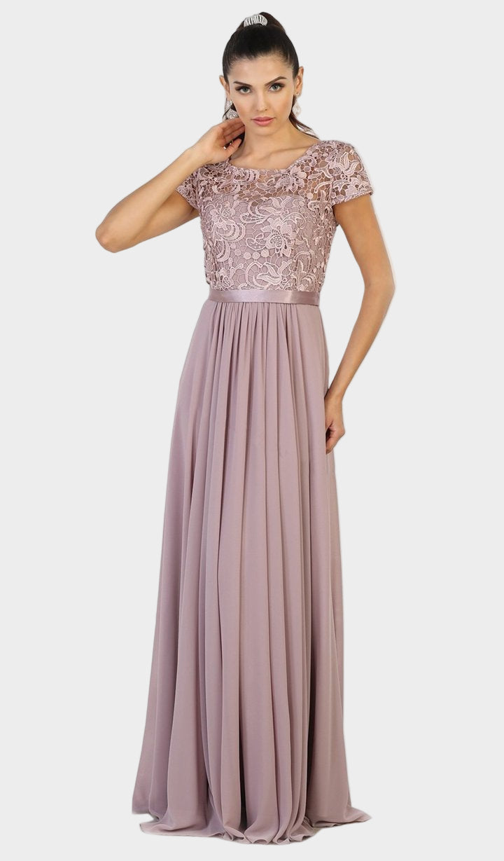 Lace Bodice Cap Sleeve Long Dress