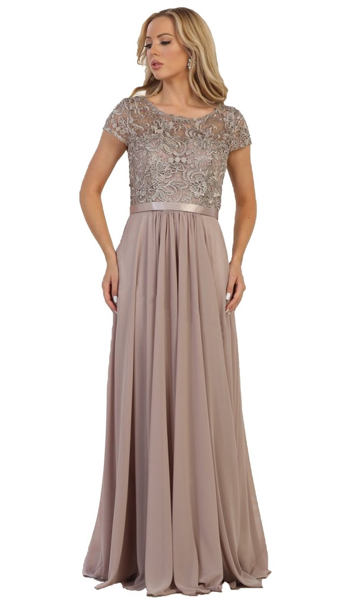 Lace Bodice Cap Sleeve Long Dress