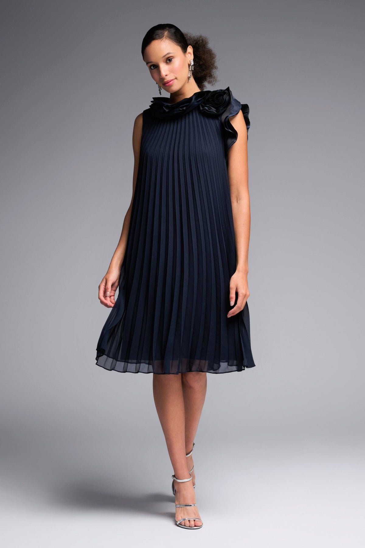 Midnight Blue Rose Detail Accordion Pleat Trapeze Dress