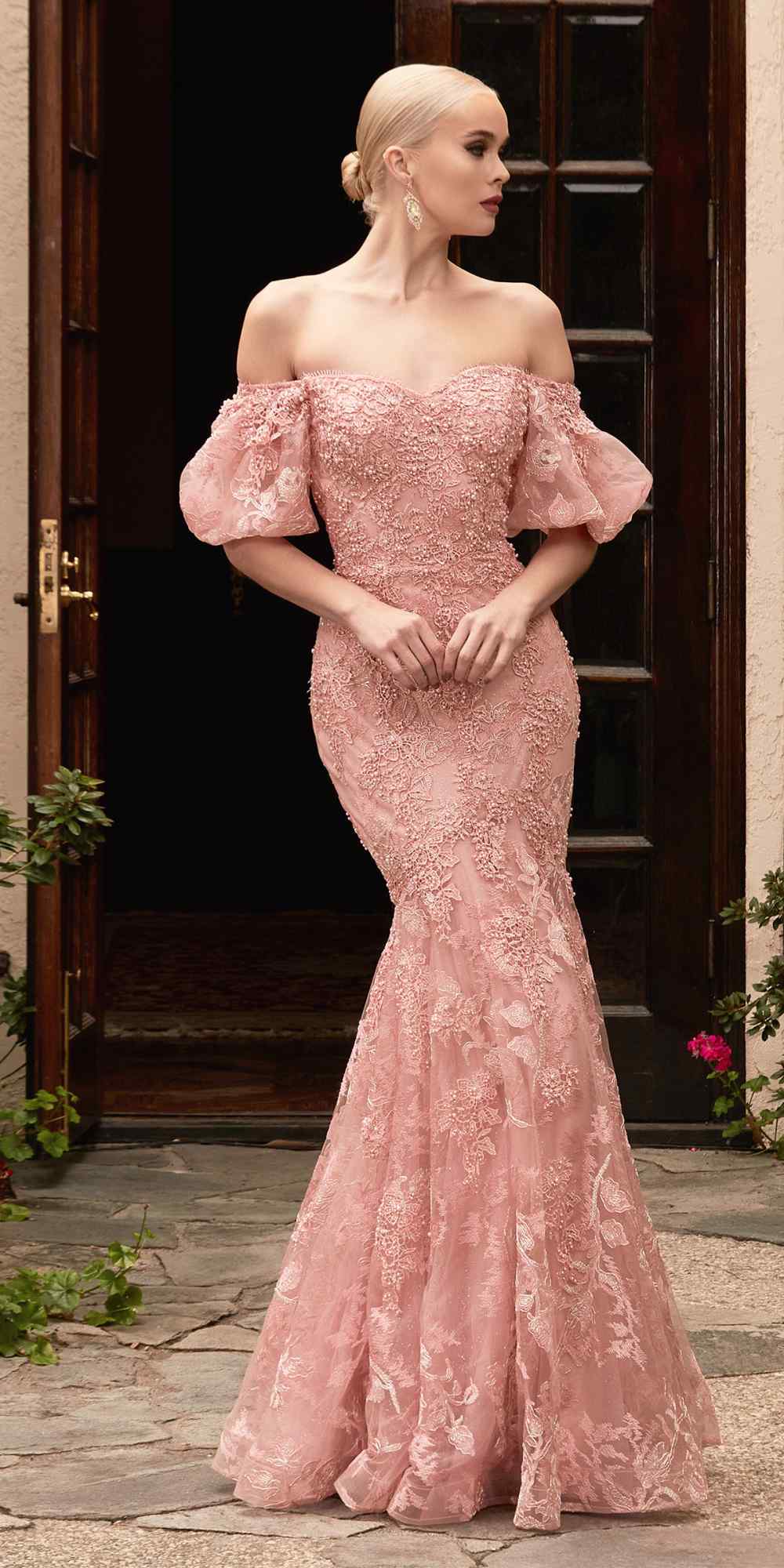 Off Shoulder Beaded Lace Trumpet Gown