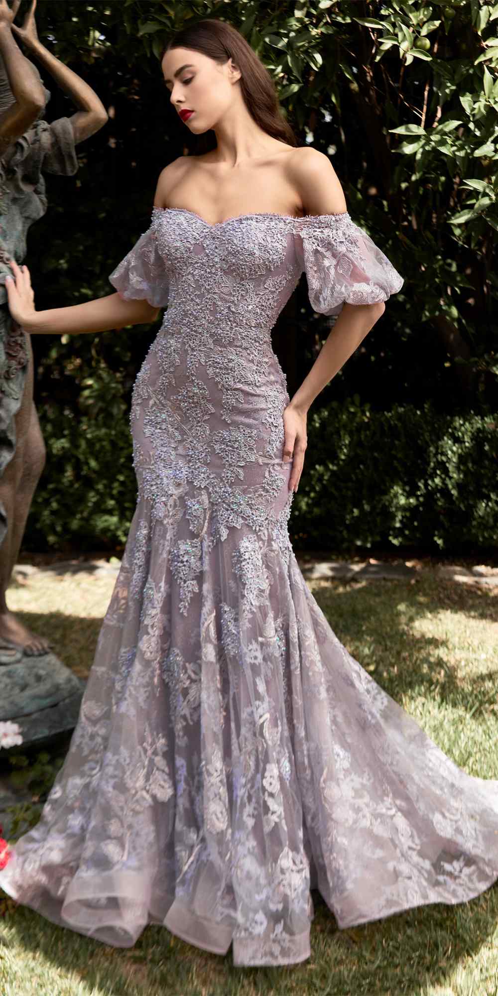 Off Shoulder Beaded Lace Trumpet Gown