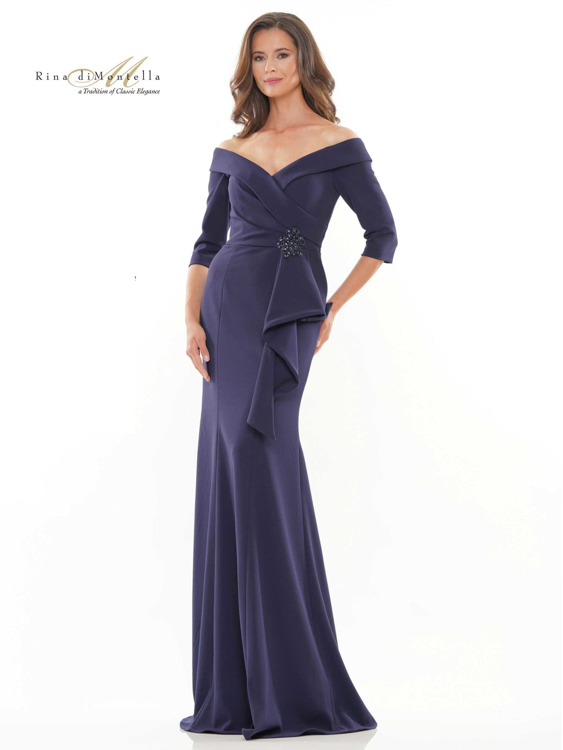 Off Shoulder Cascading Ruffle Gown