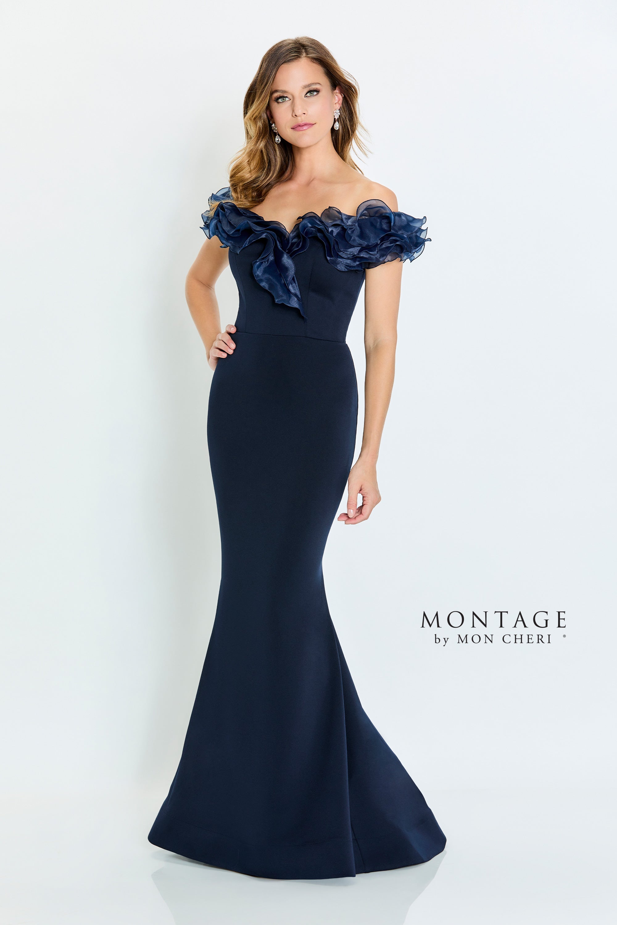 Organza Ruffle Off Shoulder Stretch Crepe Gown