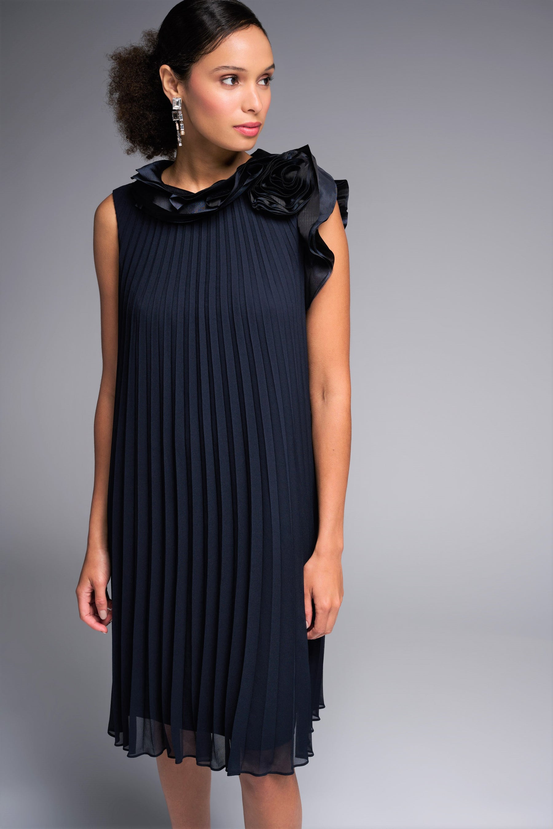 Midnight Blue Rose Detail Accordion Pleat Trapeze Dress