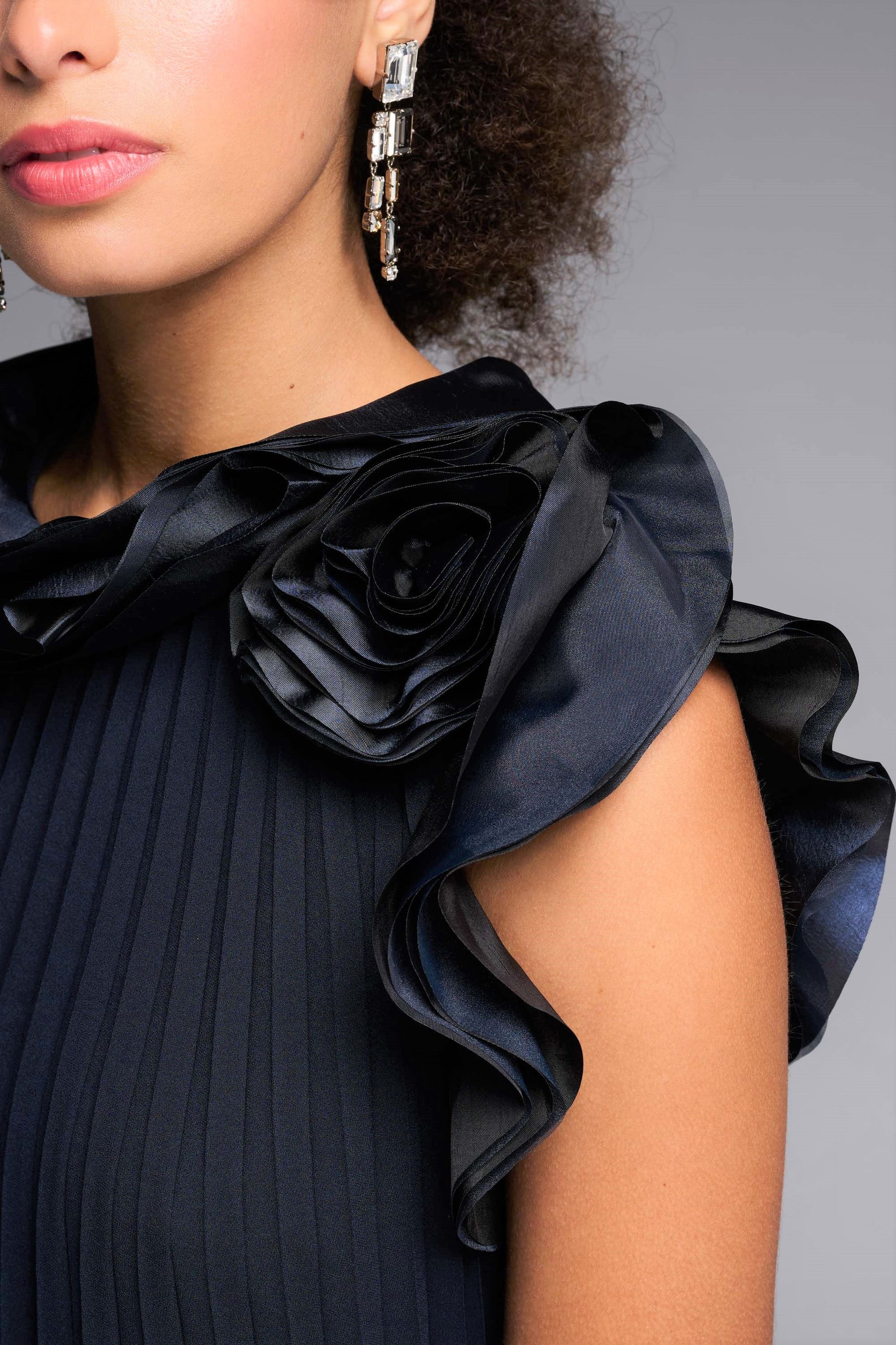 Midnight Blue Rose Detail Accordion Pleat Trapeze Dress