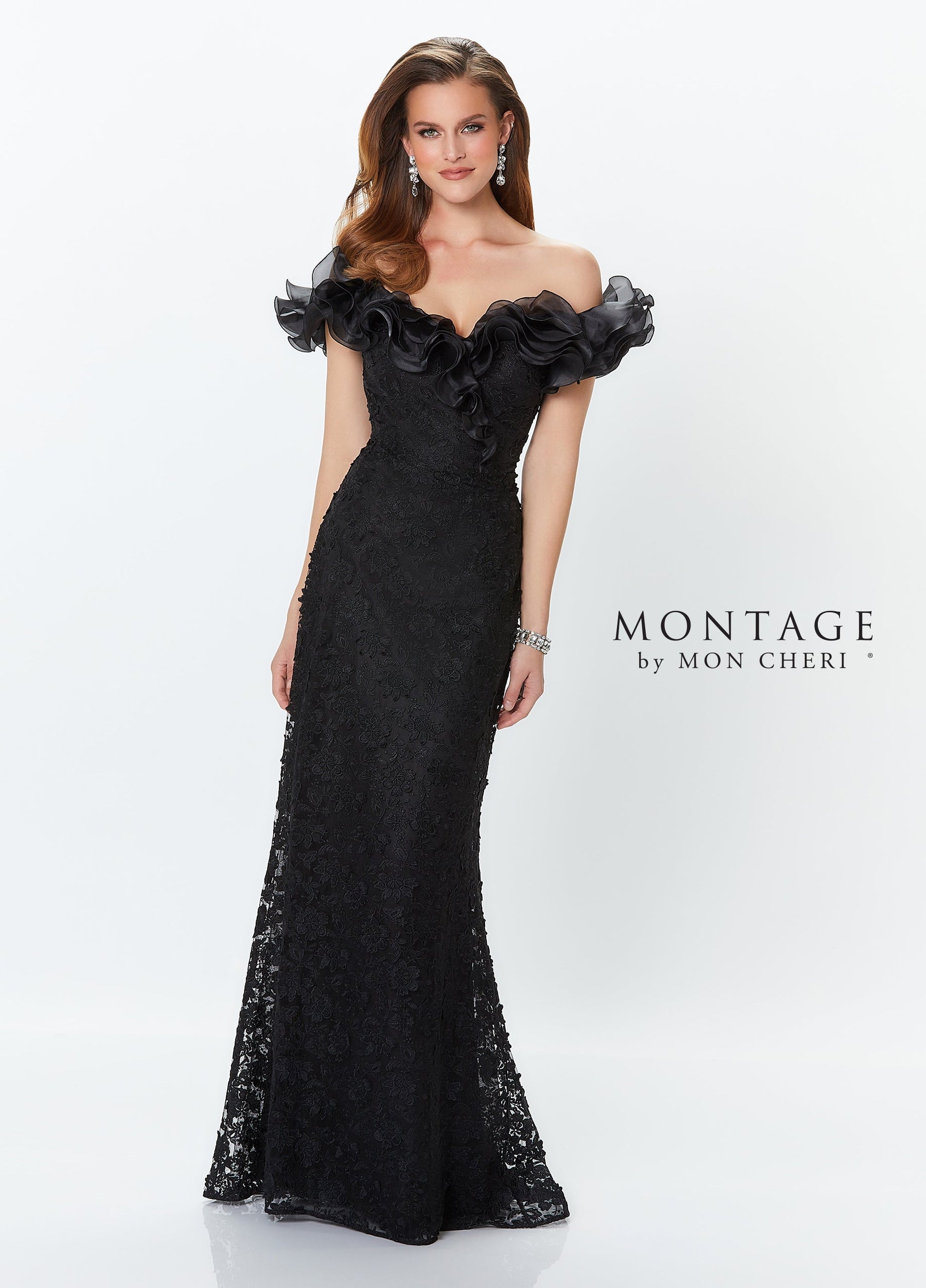 Ruffled Organza Off Shoulder Venice Lace Gown