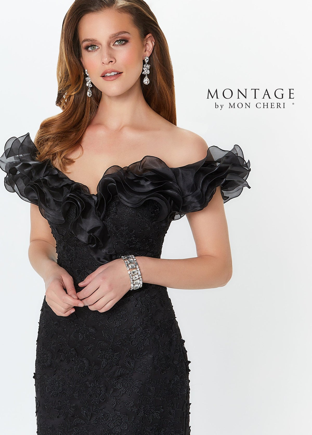 Ruffled Organza Off Shoulder Venice Lace Gown