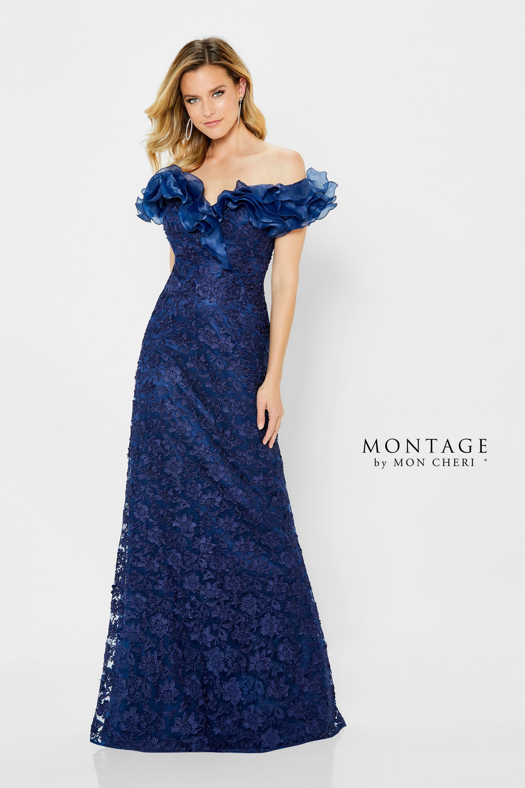 Ruffled Organza Off Shoulder Venice Lace Gown