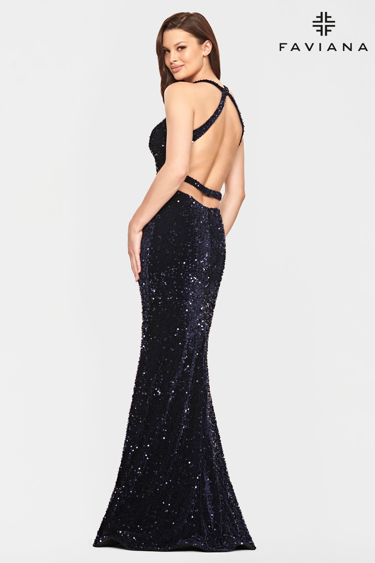 Sequin Strappy V Neck Gown