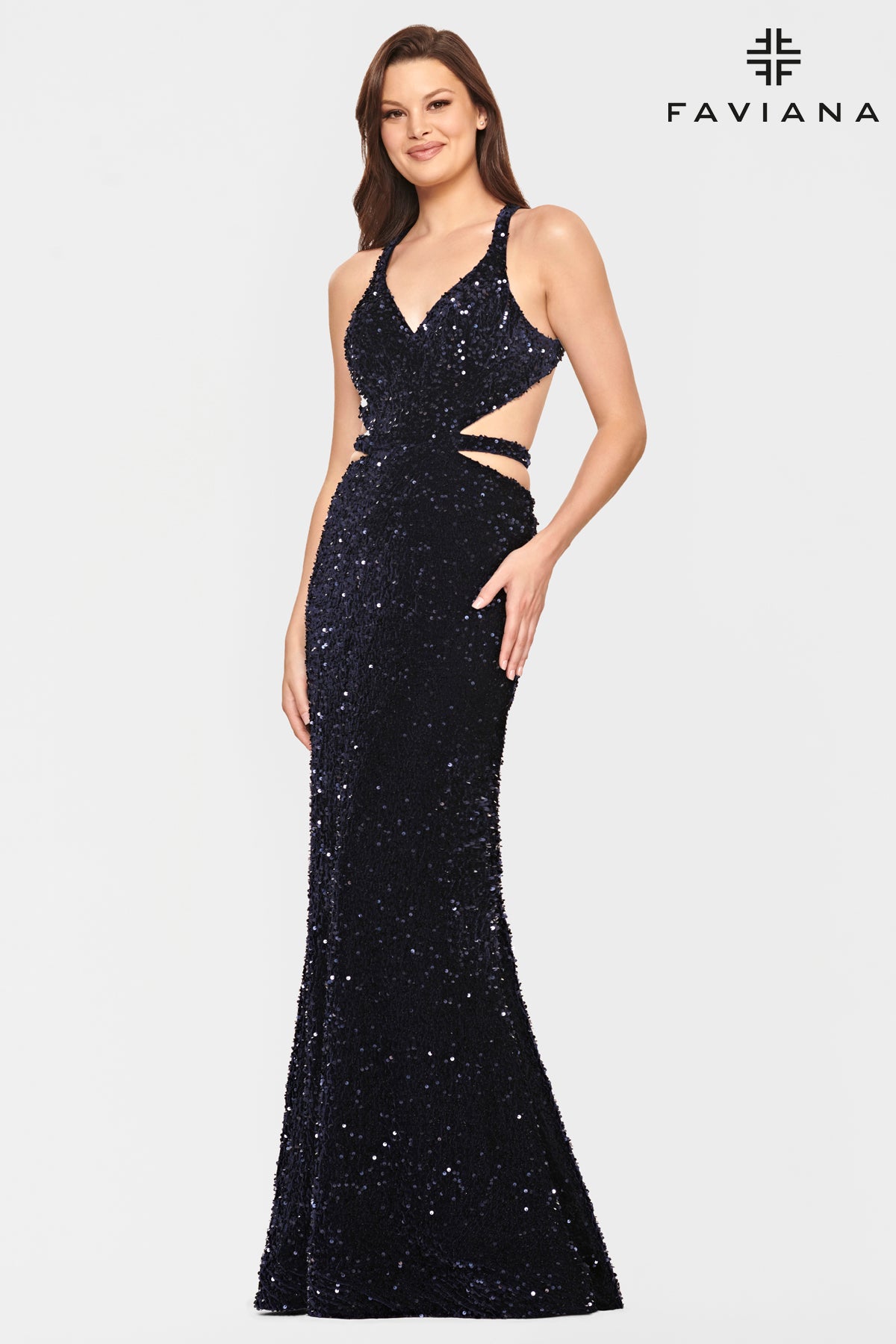 Sequin Strappy V Neck Gown