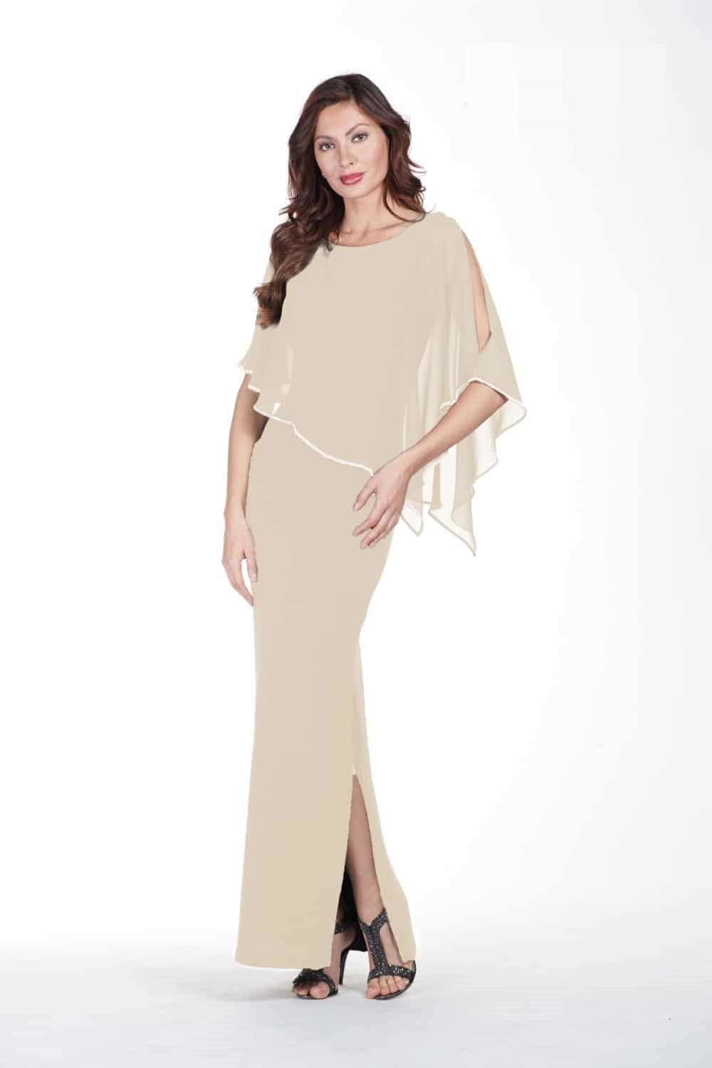 Shimmer Knit Gown with Chiffon Overlay - Beige