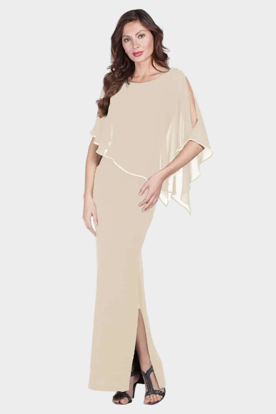 Shimmer Knit Gown with Chiffon Overlay - Beige