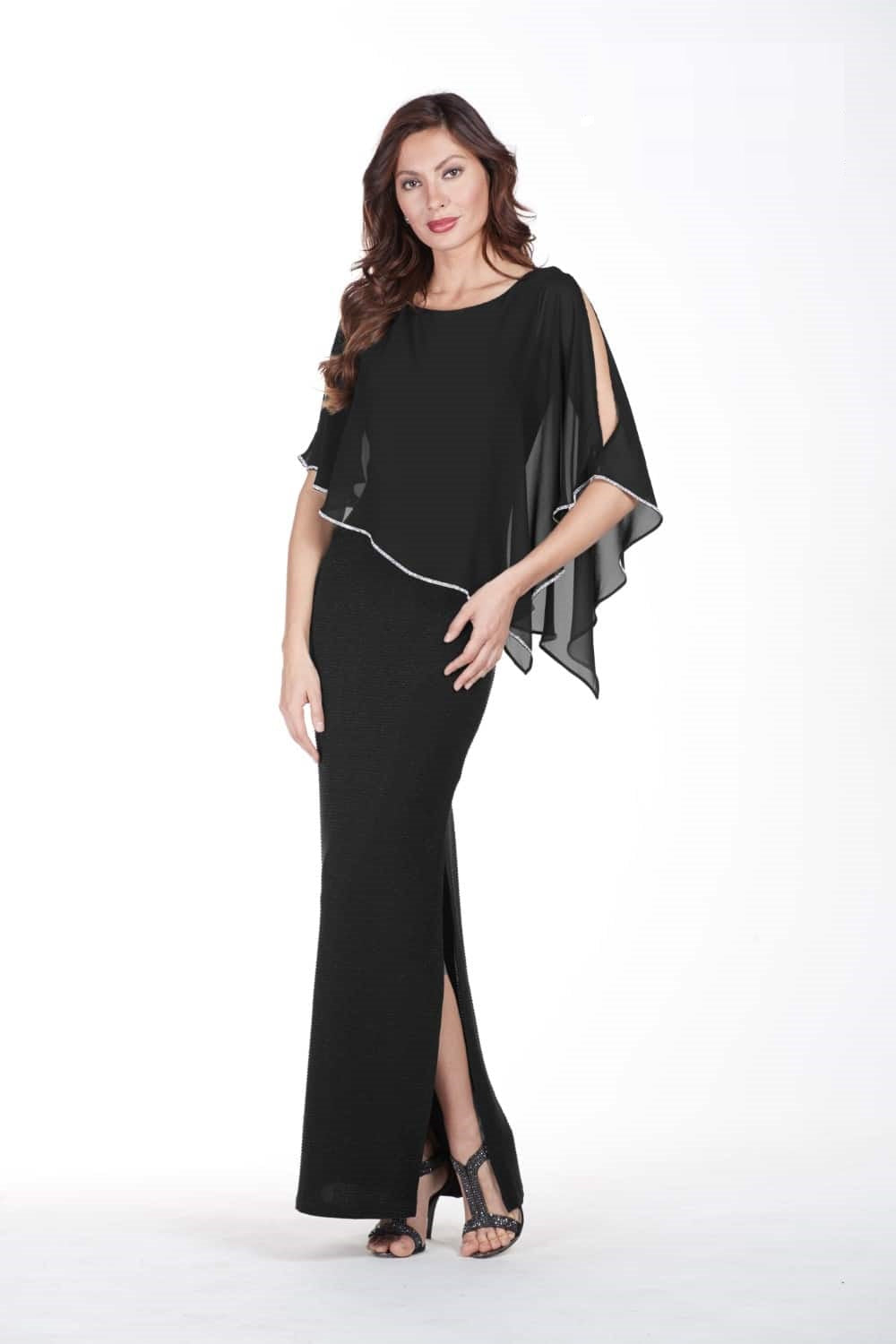 Shimmer Knit Gown with Chiffon Overlay - Black