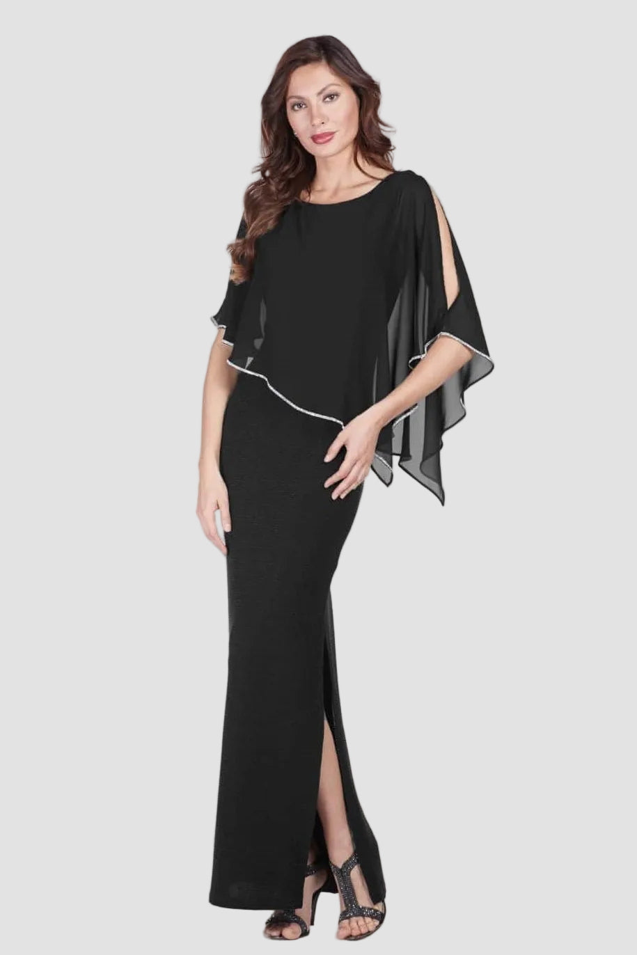 Shimmer Knit Gown with Chiffon Overlay - Black