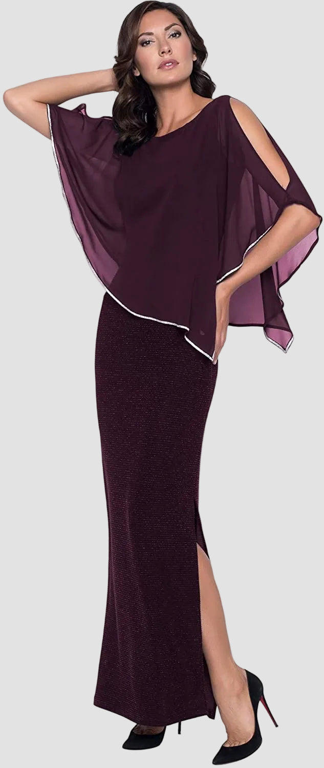 Shimmer Knit Gown with Chiffon Overlay - Merlot | Lizzy's by Cathy Allan Shimmer Knit Gown with Chiffon Overlay - Merlot | Lizzy's by Cathy Allan
