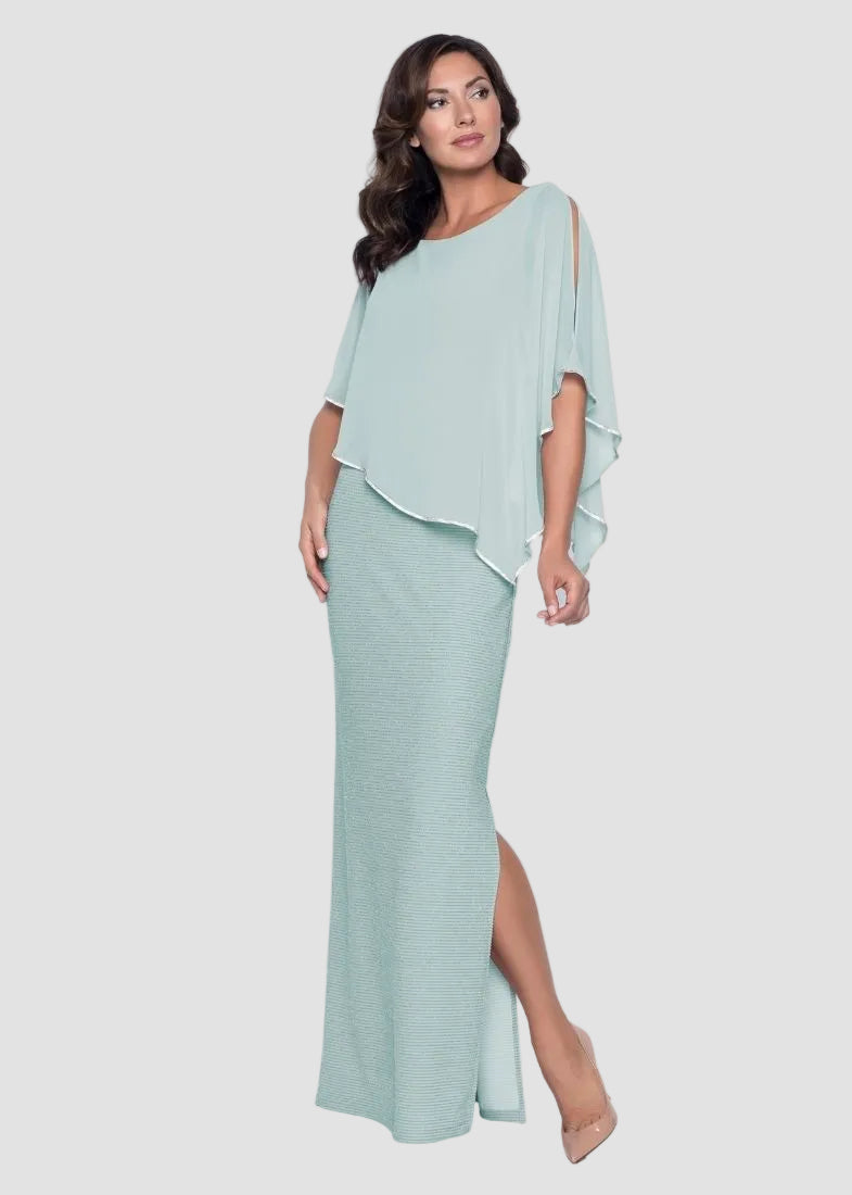 Shimmer Knit Gown with Chiffon Overlay - Aquamist