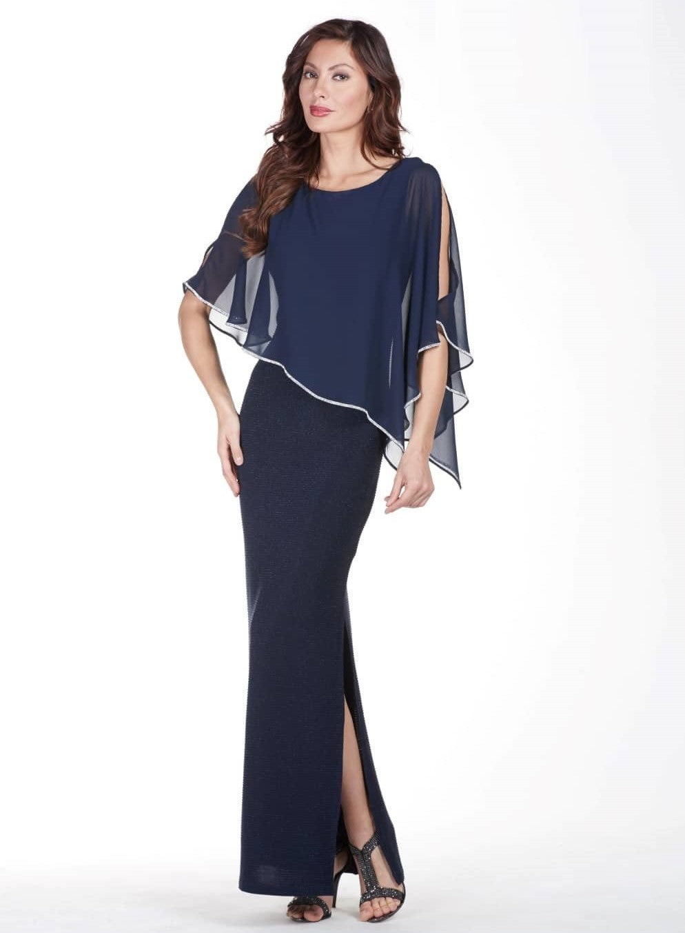 Shimmer Knit Gown with Chiffon Overlay - Midnight