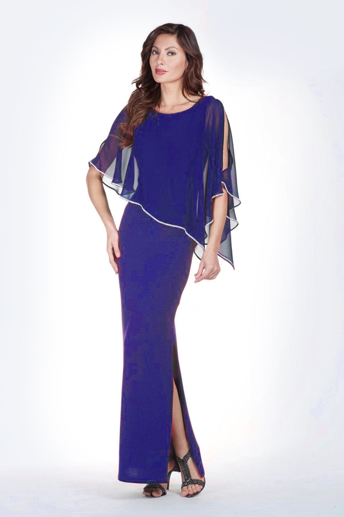 Shimmer Knit Gown with Chiffon Overlay - Royal
