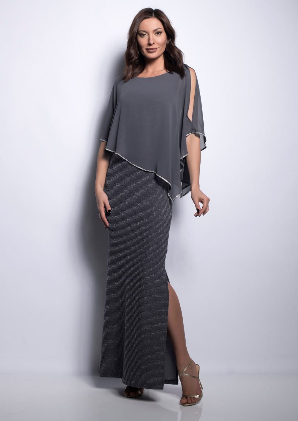 Shimmer Knit Gown with Chiffon Overlay - Charcoal