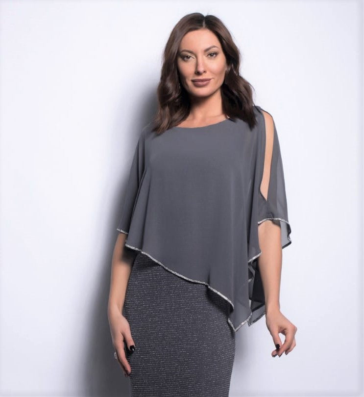 Shimmer Knit Gown with Chiffon Overlay - Charcoal