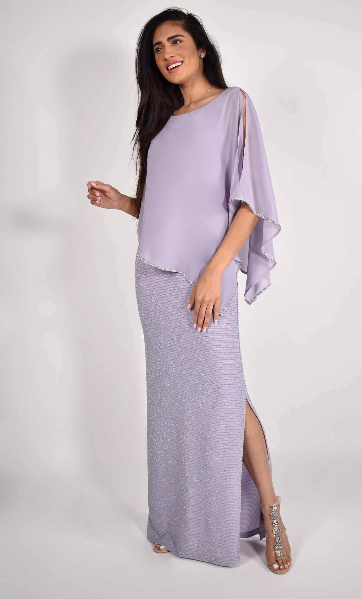 Shimmer Knit Gown with Chiffon Overlay - Light Lavender
