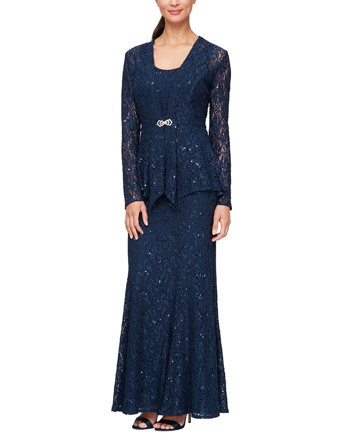Sparkle Stretch Lace Gown With Jacket Lizzy s by Cathy Allan