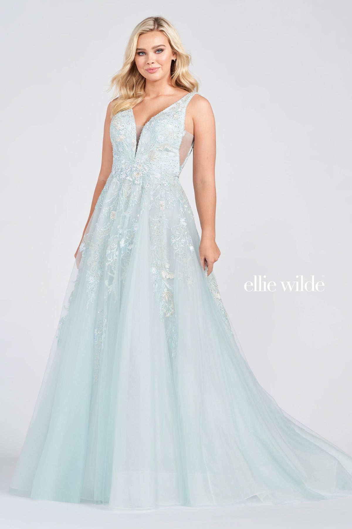 Stone Accented Embroidered Tulle Gown