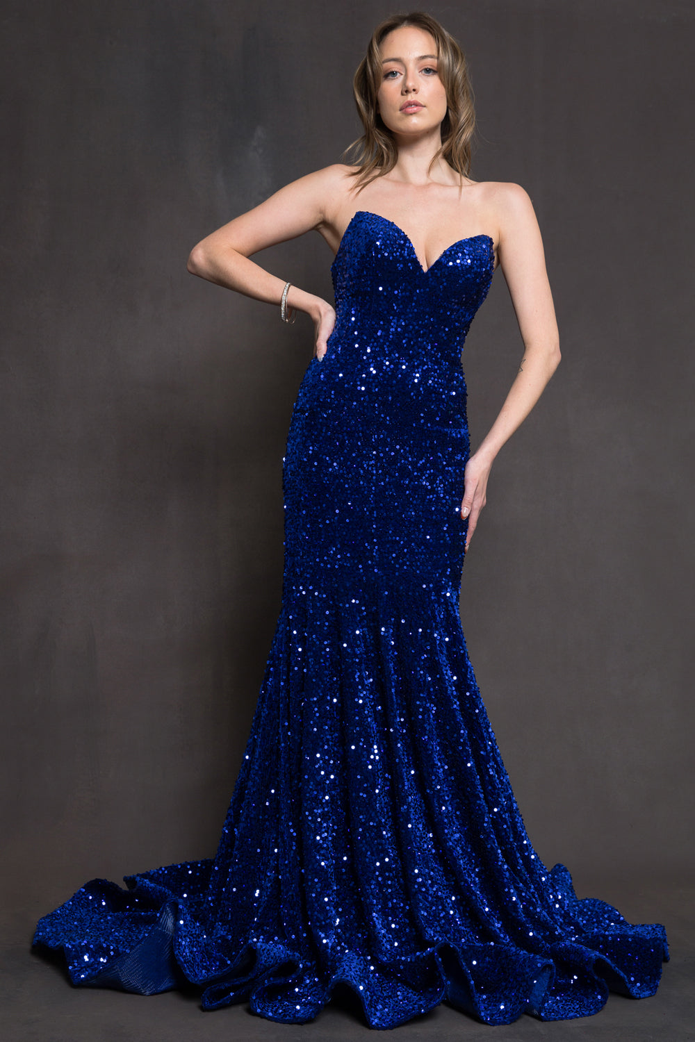 Strapless Sequin Fit and Flare Gown