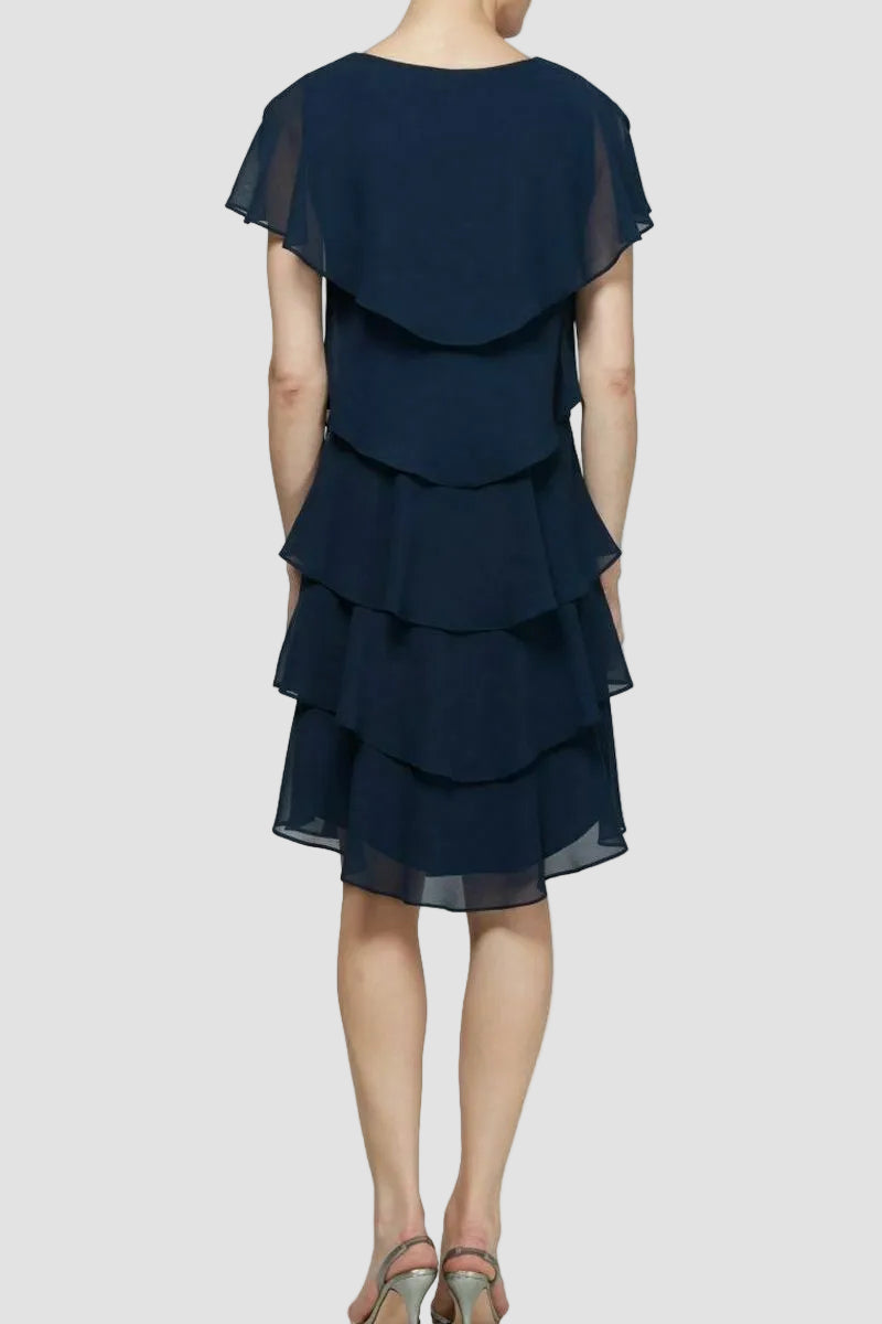 SLNY Tiered Capelet Dress Navy back