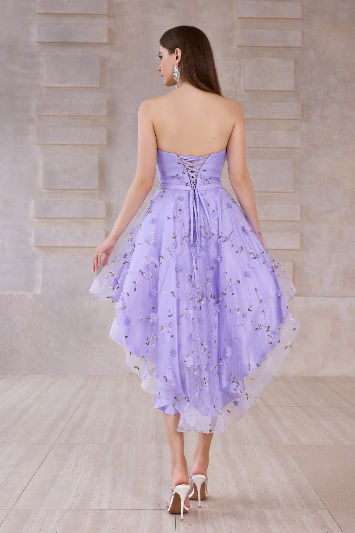 3D Embroidered Floral High Low Dress