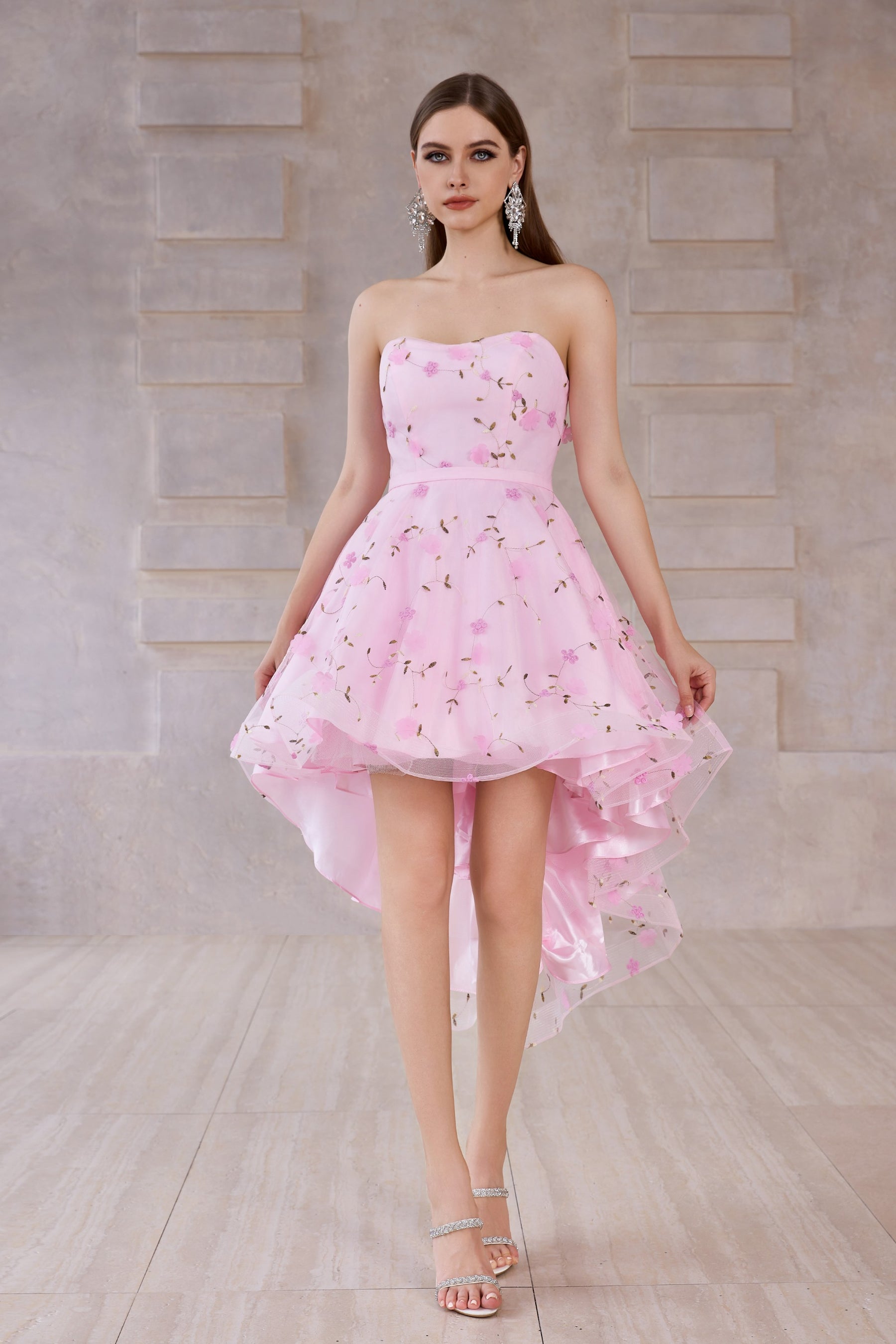 3D Embroidered Floral High Low Dress