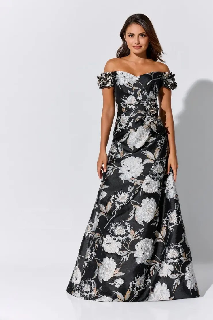 3D Floral Drape Sleeve Brocade Gown