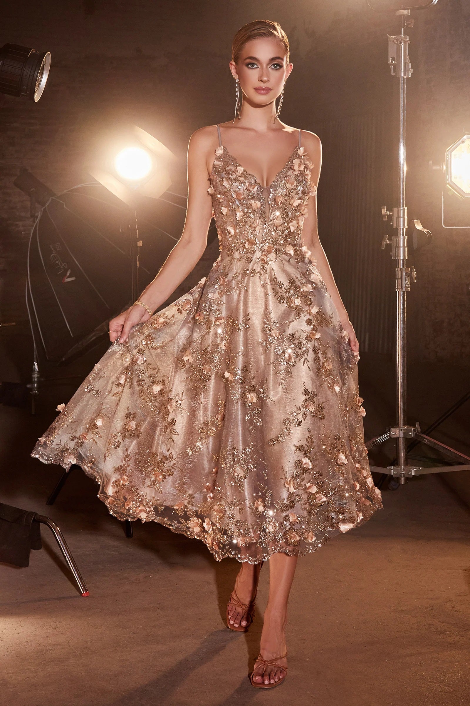 3D Floral Glittery Tea Length Dress