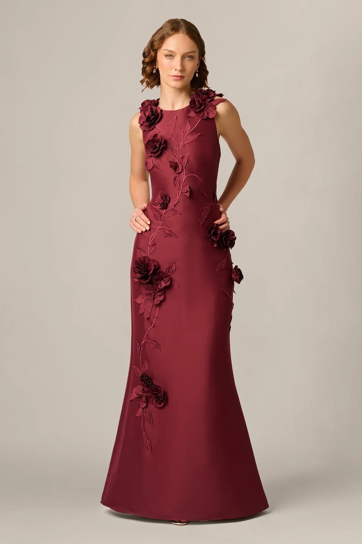 3D Floral Vine Stretch Mikado Mermaid Gown