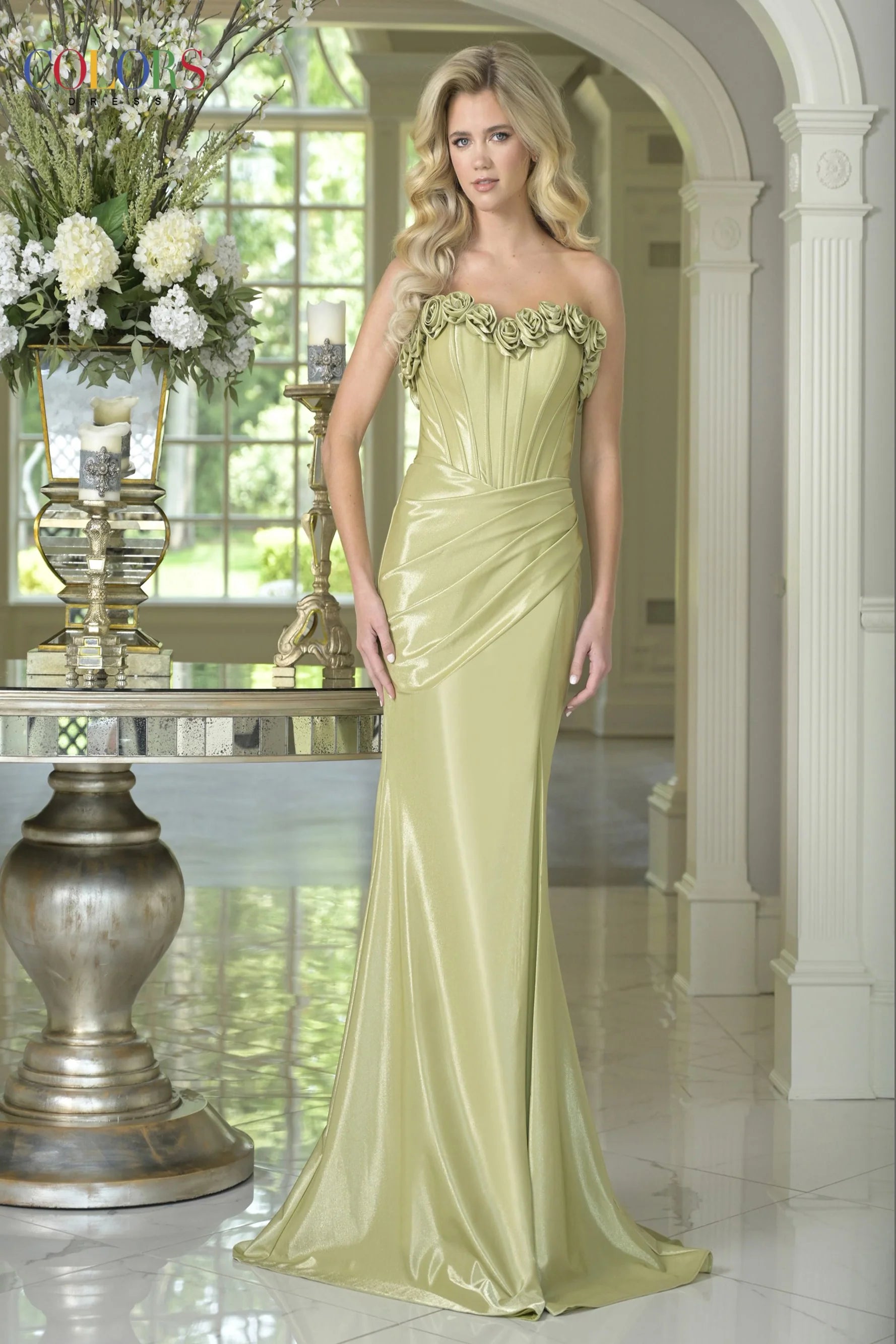 3D Rosette Accent Strapless Gown