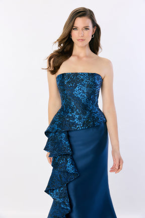 Abstract Brocade Cascading Ruffle Gown