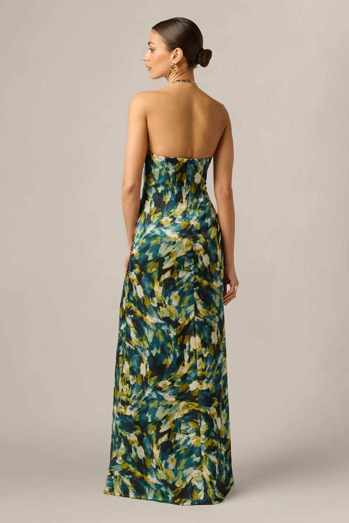Abstract Print Stretch Satin Chain Halter Gown