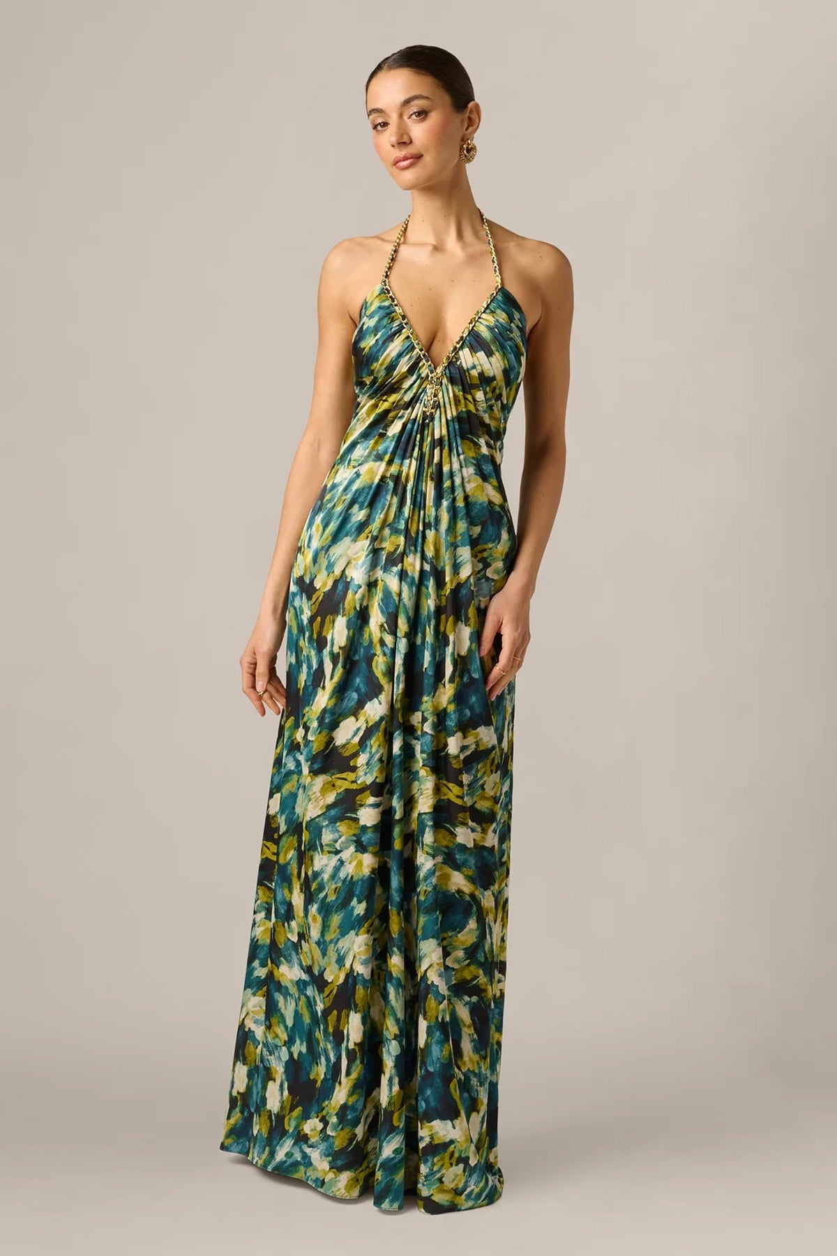 Abstract Print Stretch Satin Chain Halter Gown