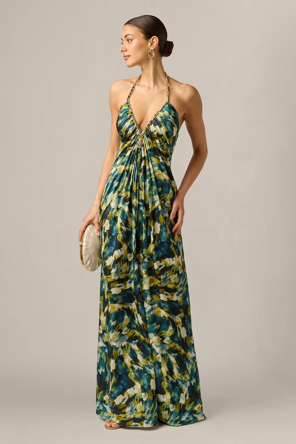 Abstract Print Stretch Satin Chain Halter Gown