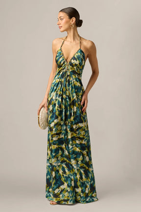 Abstract Print Stretch Satin Chain Halter Gown