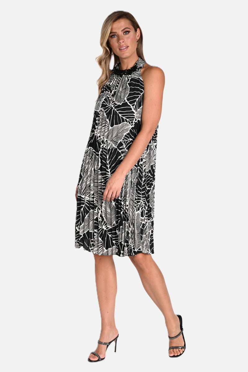 Leaf Accordion Pleat Halter Dress