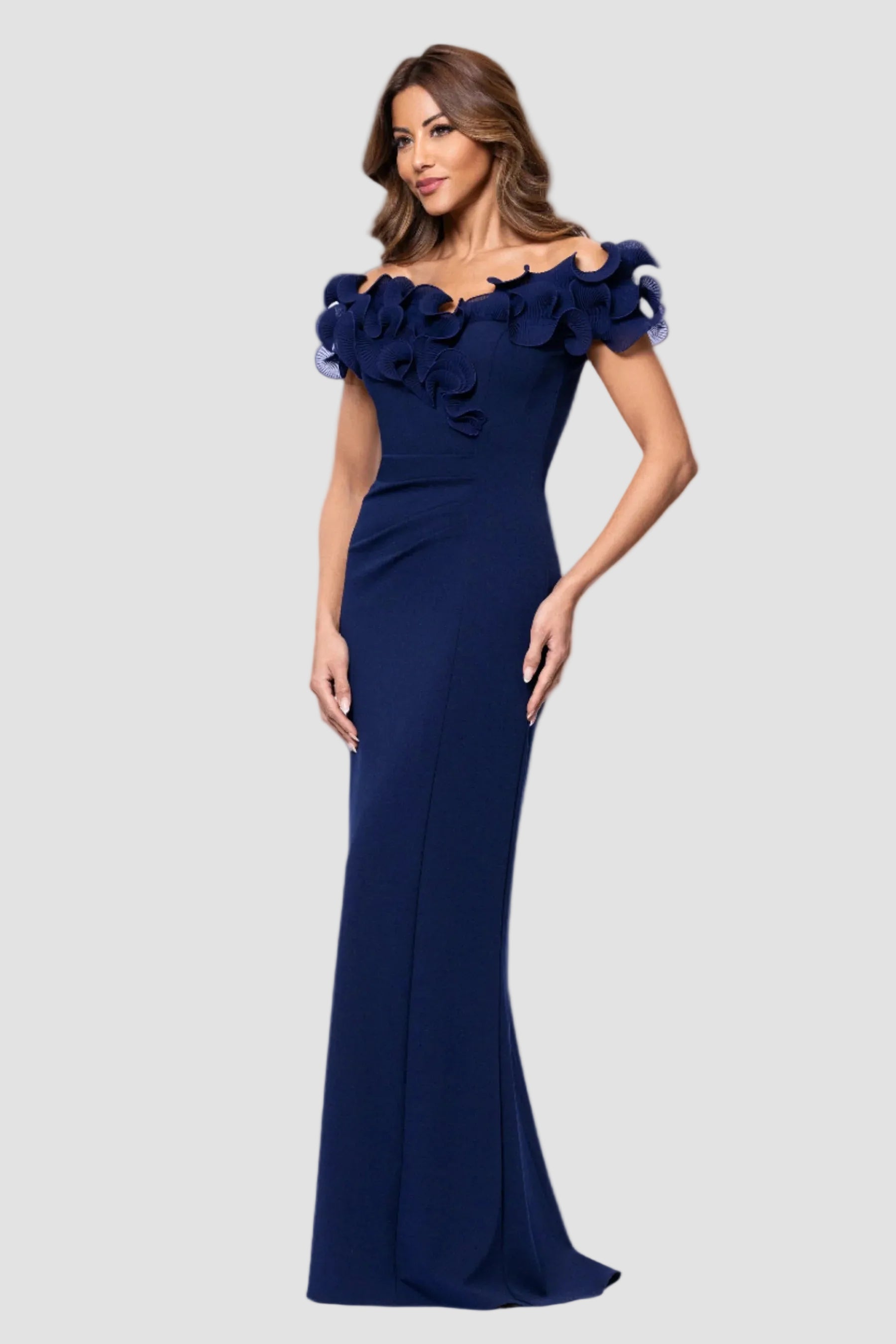 Anya Crepe and Chiffon Ruffled Off Shoulder Dress