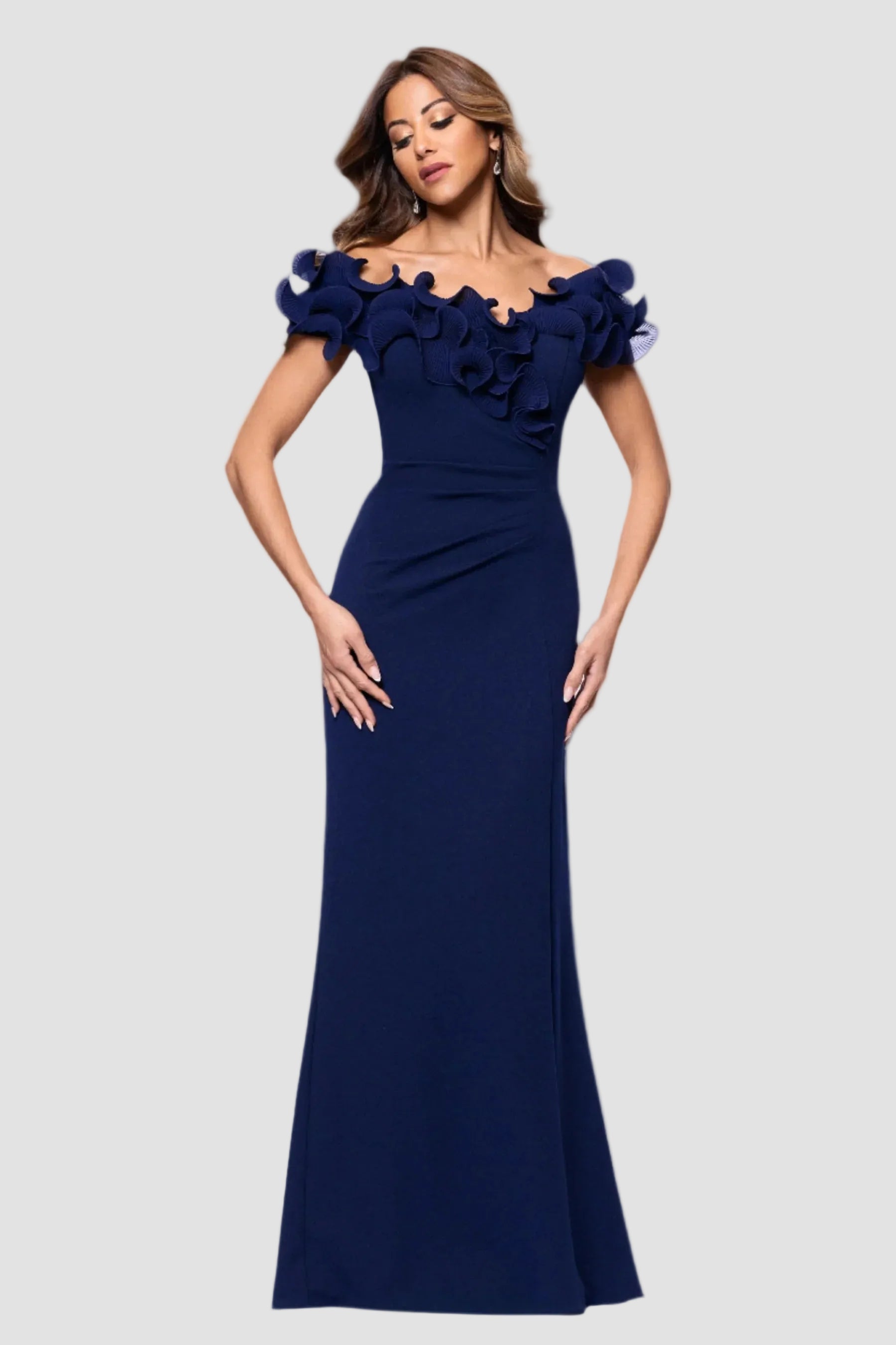Anya Crepe and Chiffon Ruffled Off Shoulder Dress