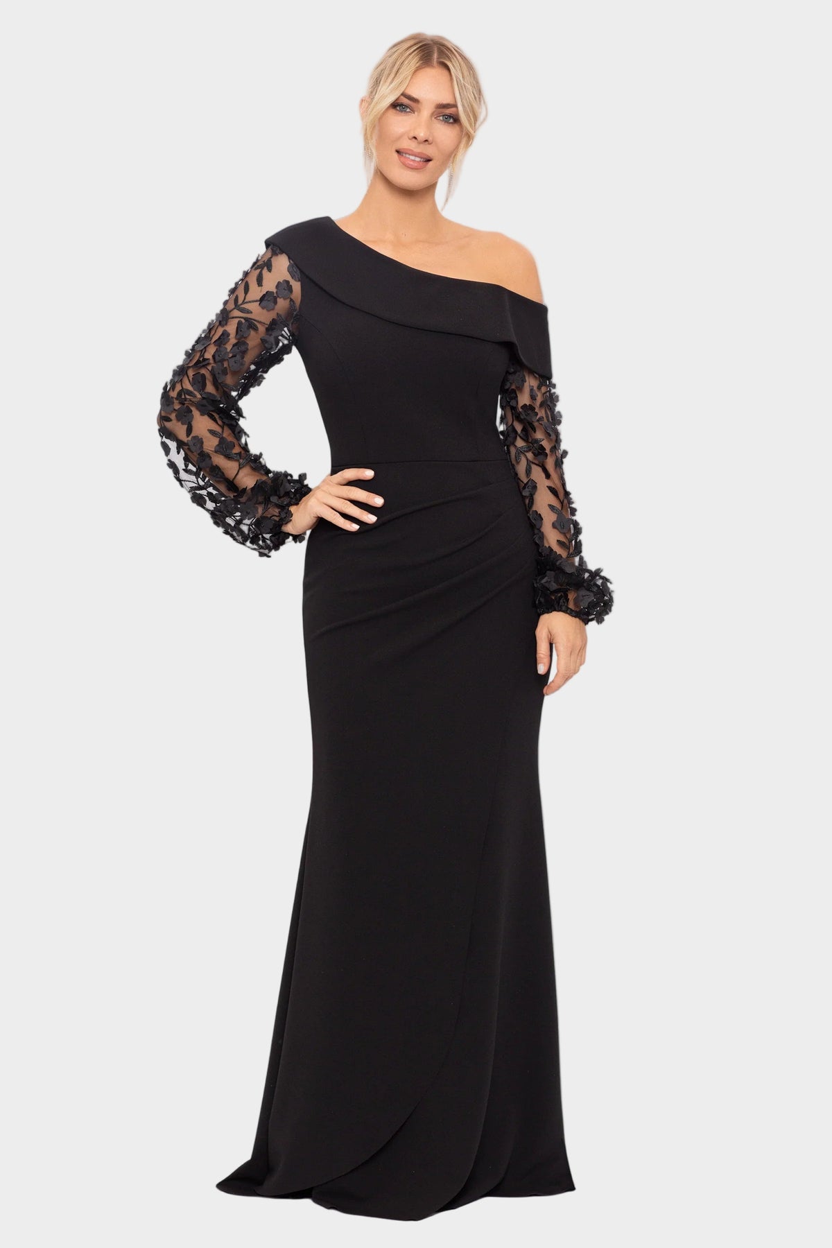 Ariana One Shoulder Sheer Sleeve Gown