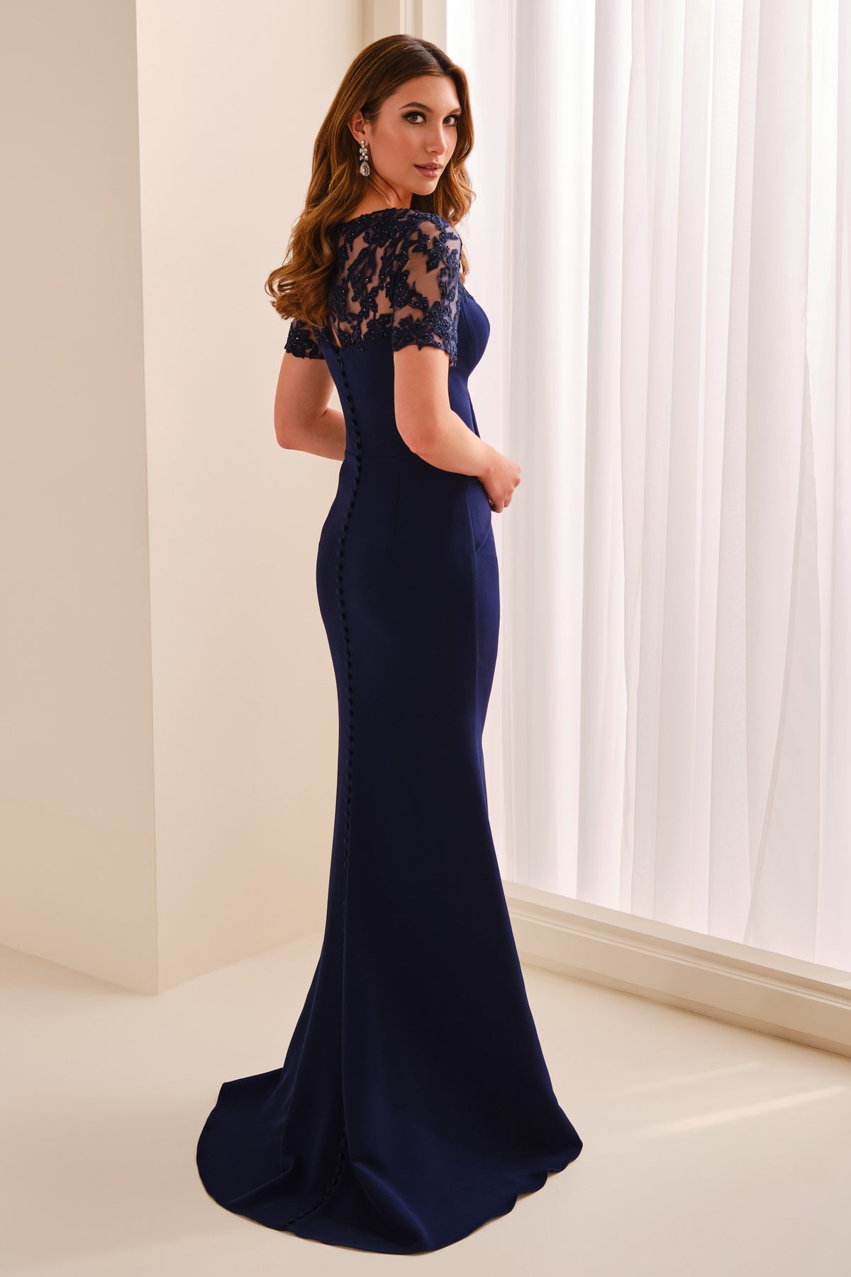 Asymmetrical Draped Gown With Illusion Neckline