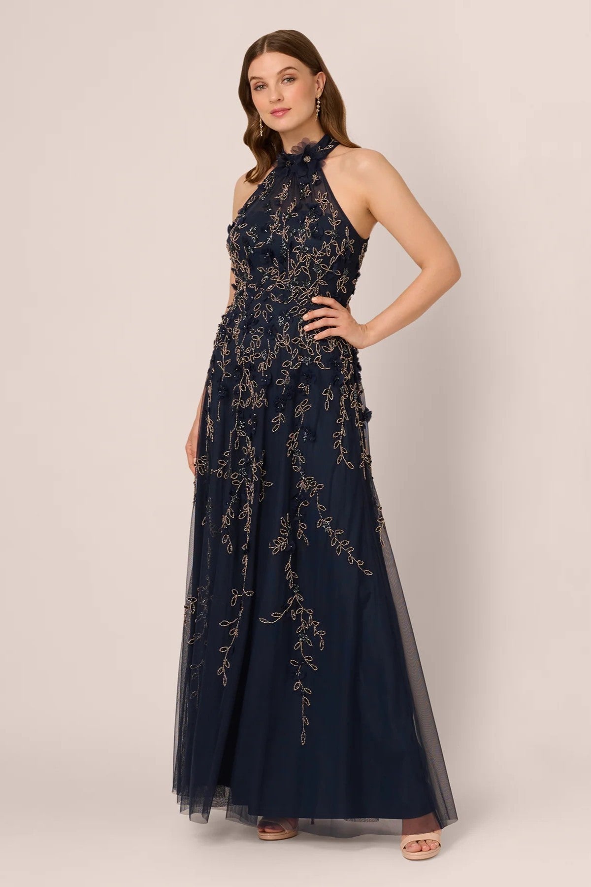 Beaded 3D Petal Halter Gown